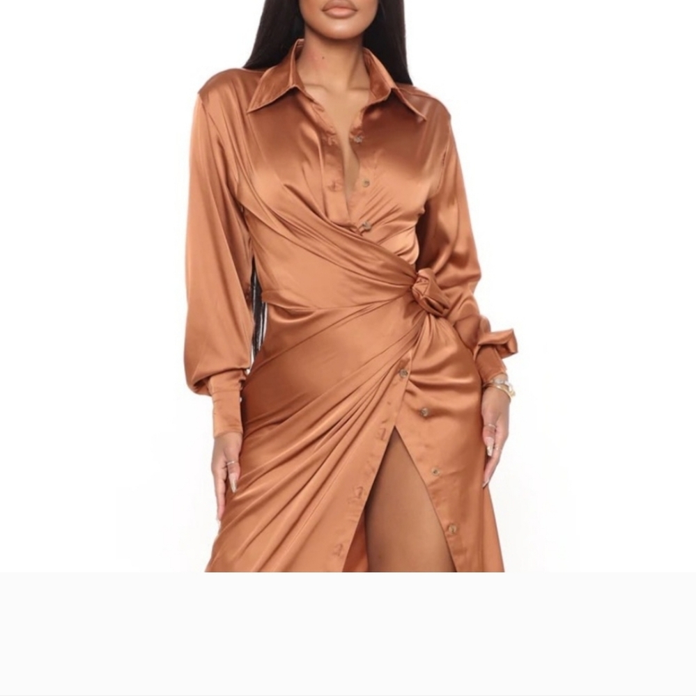 Fashion Nova Copper Wrap Long Sleeve Button Down Satin Dress - Picture 2 of 8